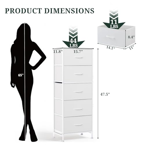 Nightstand, 5 Drawer Dresser End Table Bedside Furniture with Wooden Top Steel Frame Fabric Bins for Bedroom, Closet, Entryway, Dorm, Living Room, White - color: White, size: 11.8"D x 15.8"W x 47.8"H (5 Drawers)