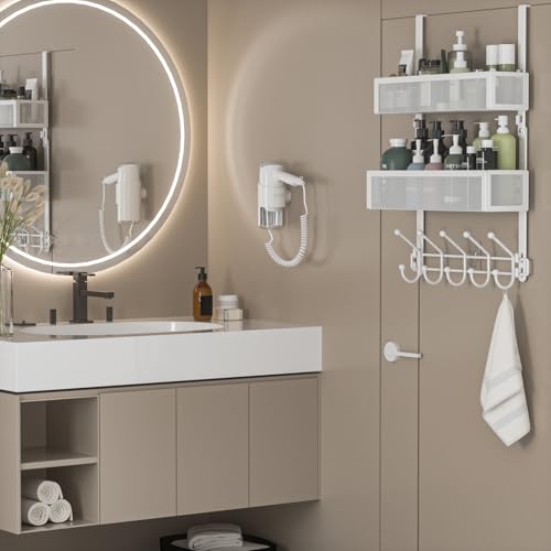 Adjustable Over The Door Hooks Organizer, Door Hanger Coat Rack with 2 Mesh Baskets and 10 Hooks, Back of Door Storage Organizer for Bedroom,Bathroom,Kitchen (White) - color: White-01, size: 2 Baskets