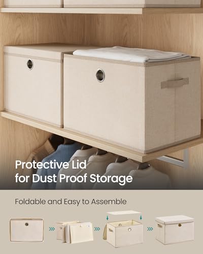 SONGMICS Storage Bins with Lids, 3 Pack Stackable Fabric Storage Boxes, Odorless PP Sheets, Foldable Cube Baskets Organizers with Handles, 16.9 x 11.8 x 11.8 Inches, Summer Sand URFB545LF01 - color: Summer Sand, size: 16.9"L x 11.8"W x 11.8"H