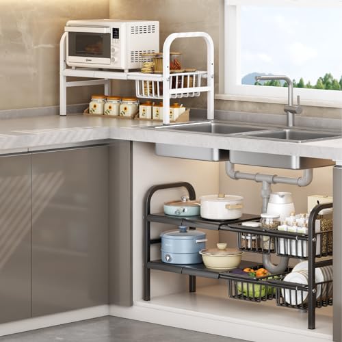 Under Sink Organizer，2 Tier Expandable Heavy Duty Metal Shelf，with 5 Removable Panels and 5 Storage Basket for Under Kitchen Bathroom Sink Organizers and Storage(X-Large,Black) - color: Black, size: X-Large