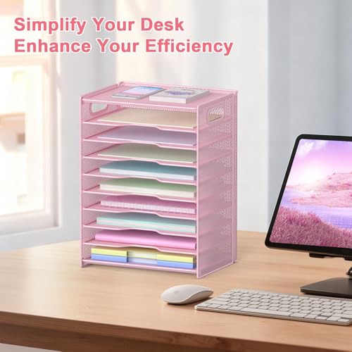 OUTWOLF 10 Tier Paper Organizer - Letter Tray Mesh Desk File Organizer with Handles for Office School Desktop, Pink - color: Pink