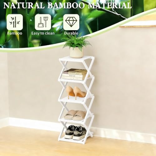 Bamboo Shoe Rack - No Assembly Required, Tall Narrow Foldable Shoe Organizer, Space-Saving Multifunctional Shelf for Entryways, Corners, Bedrooms, Balconies, 5 Layer White (Reinforced And Thickened ) - color: White, size: 5 Layers