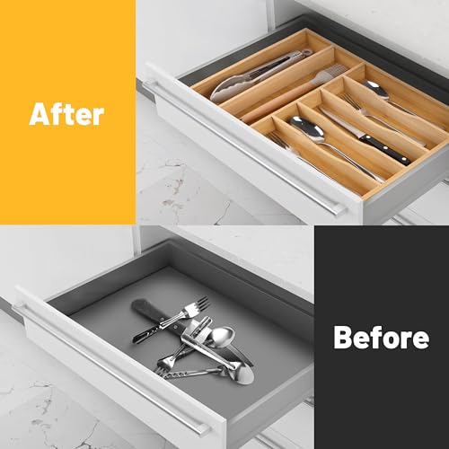 Kitchen Bamboo Silverware Organizer, Kitchen Drawer Organizer - Utensil Holder and Cutlery Tray with Grooved Drawer Dividers for Flatware 7 Slot, Natural - color: Natural, size: 7 Slots