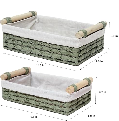 Set of 2 Green Bathroom Basket Organizers with Liner, Paper Rope Wicker Storage Baskets for Shelves, Bathroom Counter & Vanity, Wooden Handles for Towels & Toiletries - color: Green