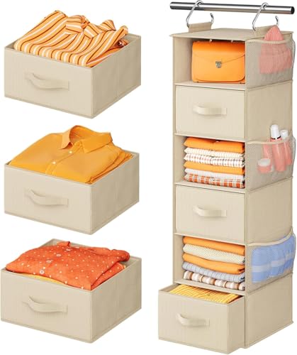 Pipishell 6-Shelf Hanging Closet Organizer, with 3 Detachable Drawers & Side Pockets, Closet Organizers and Storage for Bedroom, Garment Rack and Wardrobe Organization, Dorm Clothes Organizer, Beige - color: Beige
