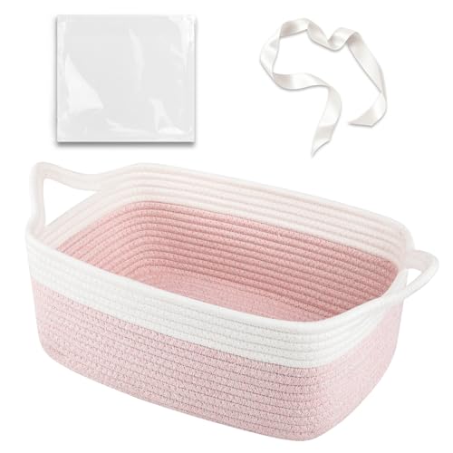 OIAHOMY Woven Basket, Gift Basket Empty with Gift Bags and Ribbons, Rope Baskets for Baby Showers, Storage Baskets with Handles for Nursery, Pet Toy Organizer - Pink & White - color: Pink & White, size: Medium: 13.5L*10W*6H