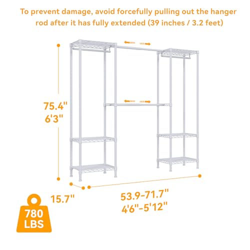 Higeego H10 Expandable Clothes Rack Clothing Rack for Hanging Clothes, Heavy Duty Garment Rack, Freestanding Wardrobe Closet Organizer with Hanger Rods, Extendable from 4.6 to 5.1 ft, White - color: White, style: 3 Row
