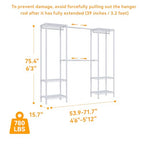 Higeego H10 Expandable Clothes Rack Clothing Rack for Hanging Clothes, Heavy Duty Garment Rack, Freestanding Wardrobe Closet Organizer with Hanger Rods, Extendable from 4.6 to 5.1 ft, White - color: White, style: 3 Row