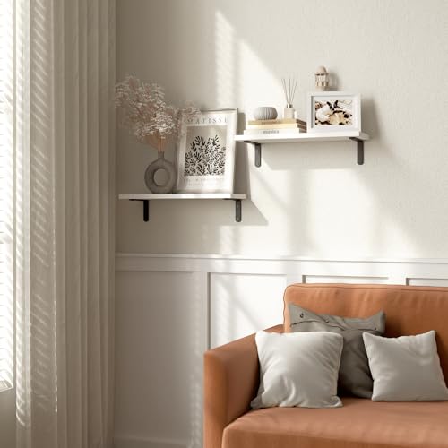 RICHER HOUSE Floating Wall Shelves, Rustic Wood Bathroom Shelves Set of 2, Farmhouse Style Shelf for Décor, Hanging Bedroom, Storage, Kitchen, Living Room - White - color: White, size: 2 Pcs:16.54in