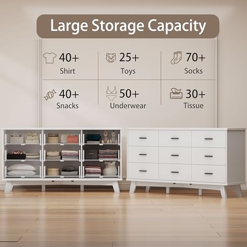 Xixini Dresser for Bedroom, 9 Drawer Wide Modern Chest of Drawers with X-Shaped Sturdy Base, Wood Double Dresser Closet Clothes Storage Organizer, Wooden TV Stand for Living Room, Hallway, White - color: White, size: 15.6"D x 59.1"W x 29.5"H (9 Drawers)
