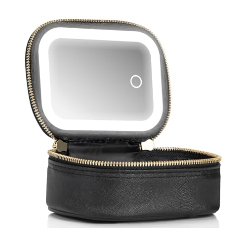 Mini Makeup Bag with Led Mirror, Small Travel Make up Bag 3 Light Modes Adjustable Brightness, for Women Organizer Cosmetic Bag, Portable Travel Train Toiletry Bag, for Pool Parties Work Touch-Ups - color: Black