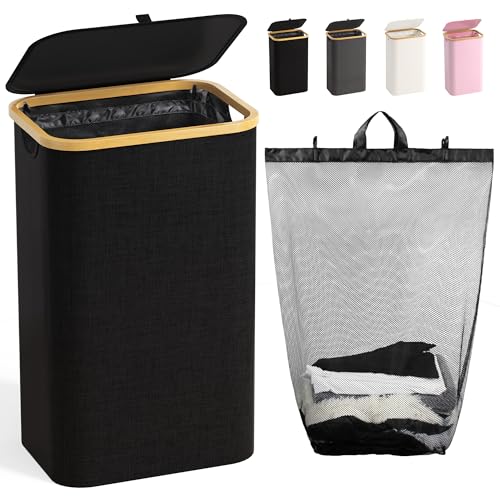 100L Laundry Hamper with Lid, Large Laundry Basket with Bamboo Handles, Clothes Hampers for Laundry with Removable Bag, Dirty Clothes Hampers for Bedroom Aesthetic, Black - color: Black