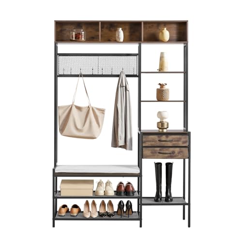 VEVOR Hall Tree with Bench and Shoe Storage, Entryway Bench with Coat Rack, 2 Drawers, 3 Storage Cubbies, 3 Open Shelves, Coat Hooks with Soft Cushion for Entryway, Hallway - size: 70.9" * 47.2"