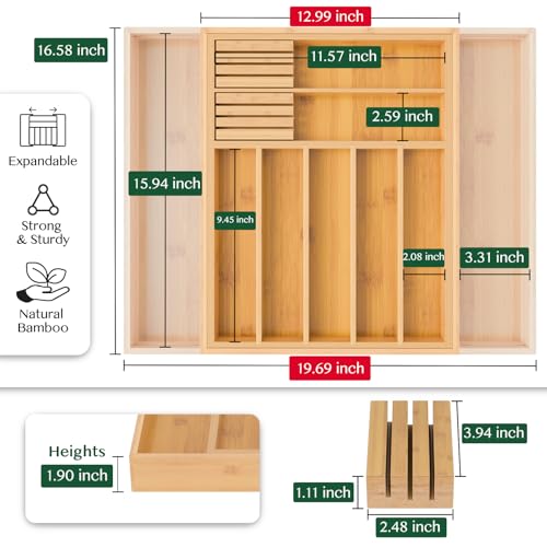 Dunruz Bamboo Expandable Drawer Organizer for Kitchen Utensils, Adjustable Silverware Tray with 9 Deep Slots for Large Spoons & Knives, Natural Wood Flatware Caddy for Cutlery Storage (Fits 13"-20")