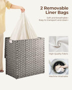 Greenstell Laundry Hamper with lid, No Install Needed, 110L Wicker Laundry Baskets Foldable 2 Removable Liner Bags, 2 Section Clothes Hamper Handwoven Rattan Laundry Basket with Handles, Gray - color: Gray, size: 110L (22.2x13.3x24.0 Inches)