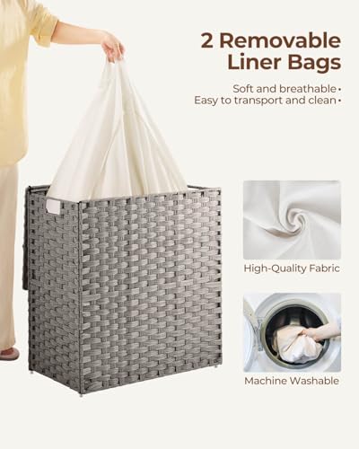 Greenstell Laundry Hamper with lid, No Install Needed, 110L Wicker Laundry Baskets Foldable 2 Removable Liner Bags, 2 Section Clothes Hamper Handwoven Rattan Laundry Basket with Handles, Gray - color: Gray, size: 110L (22.2x13.3x24.0 Inches)