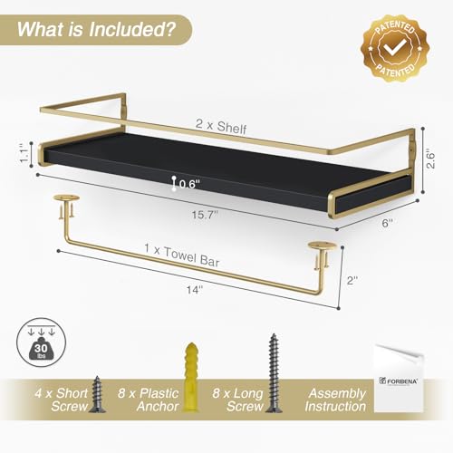 Forbena Black and Gold Bathroom Floating Shelves for Wall, Decorative Wall Mounted Shelves for Kitchen Coffee Bar Station Organizers and Storage, Hanging Shelving Unit for Bedroom Living Room (2-Pack) - color: 7. Black-gold
