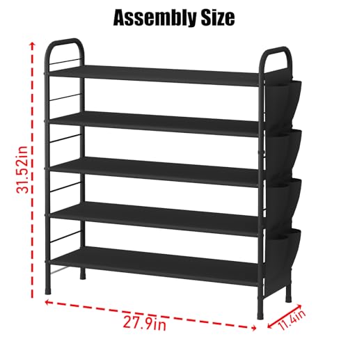SUOERNUO Shoe Rack Storage Organizer 5 Tier Free Standing Metal Shoe Shelf Compact Shoe Organizer with Side Bag for Entryway Closet Bedroom,Black - color: Black, size: 5 Tier