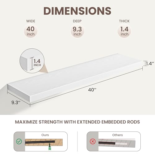 Acovy Floating Shelves for Wall,40 Inch Long Floating Shelves Set of 2,9.3" Deep Floating Shelf for Home Decor,Wall Mounted Bookshelf Large Display Storage Shelf for Bedroom Office Bathroom,White - color: White, size: 40 Inch,Set of 2