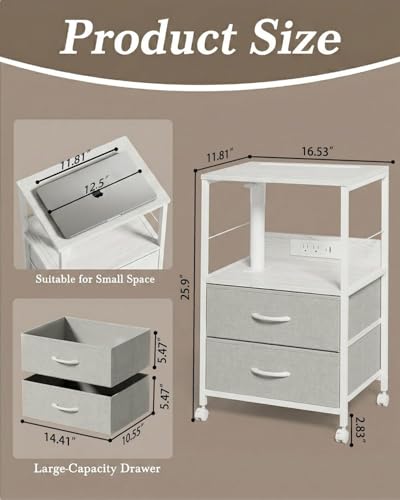 Faesun Swivel Lift Top Nightstand with Charging Station, Rolling Side Table for Recliner, Bedside Table with Wheels & 2 Fabric Drawers, for Small Spaces, for Bedroom, Living Room, White Gray - color: White Gray, size: 2 Drawers