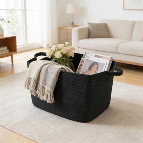 Large Blanket Basket,Woven Rope Basket Storage Bin with Handles,65L Rectangle Laundry Basket for Magazines,Toys,Clothes,Newspaper Shelf Organization,Nursery and Living Room,Black - color: Black, size: 21"x16"x12"(65L)