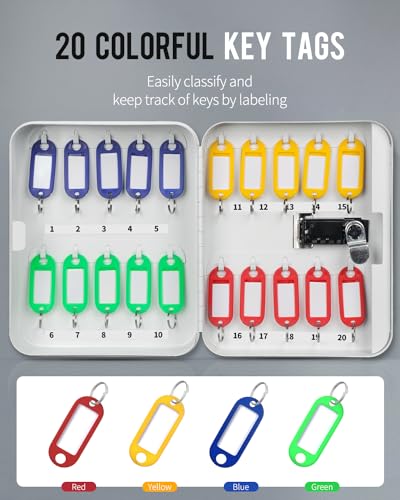 Uniclife 20 Position Key Cabinet with Combination Lock Resettable White Digital Security Storage Box Steel Key Organizer with Colorful Key Tag Labels Stickers and Hooks - color: White, size: 20 Keys