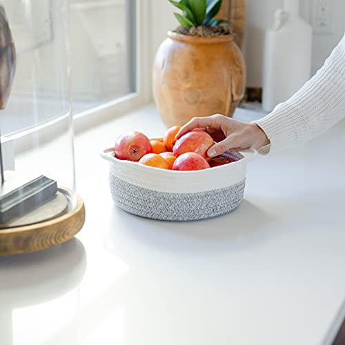 NaturalCozy 5-Piece Round Small Woven Baskets Set– Cotton Rope Baskets for Organizing! Montessori Toys, Fruits Remotes Key Tray Bowl for Entryway Desk, Shallow Catchall Home Décor, Cat Dog Bin Gift - color: Off White & Mixed Gray