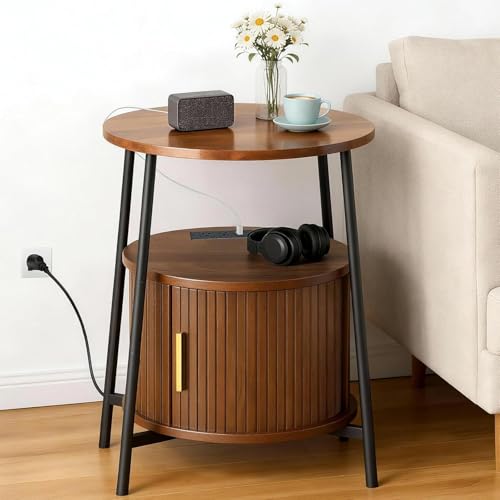 Round End Tables with Drawer: Fluted Side Table with Charging Station, Mid-Century Modern Nightstand with Sliding Door for Small Space Storage, Living Room, Bedroom - color: Walnut, size: 1 PACK