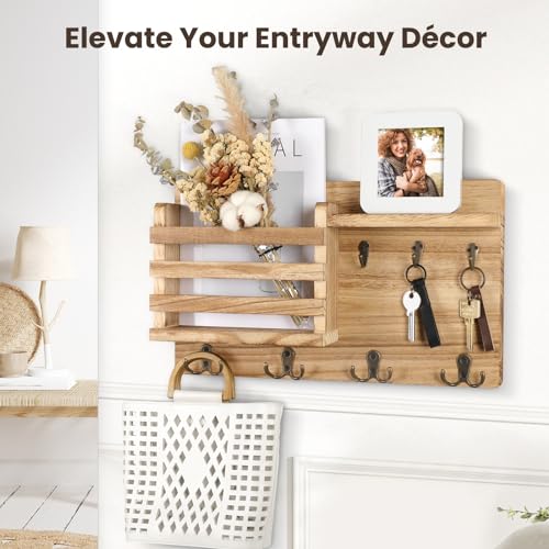Nekon Mail Holder for Wall Mail Organizer with Key Hooks Hallway Farmhouse Decor Storage Racks with Floating Shelf and Flush Mount Hardware (16.8Inch x 10Inch x 3.2Inch) (Wood) - color: Wood