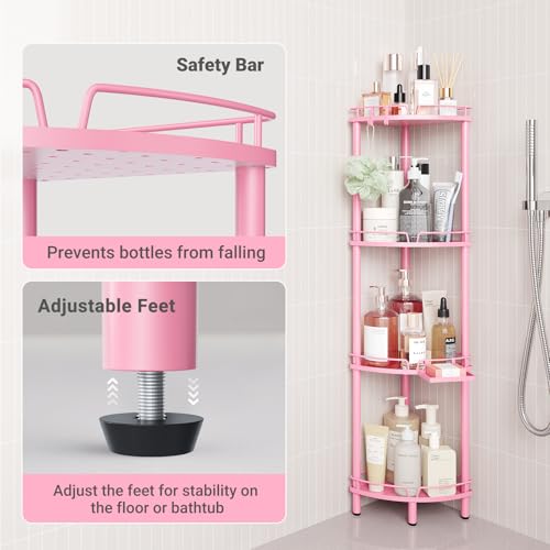 ELYKEN Corner Shower Caddy Standing, 4 Tier Rustproof Metal Shower Organizer with Soap Holder, Floor Shower Corner Shelf Rack Storage Stands with Adjustable Feet & 2 Hooks for Bathroom, Pink - color: Pink, size: 4 Tier