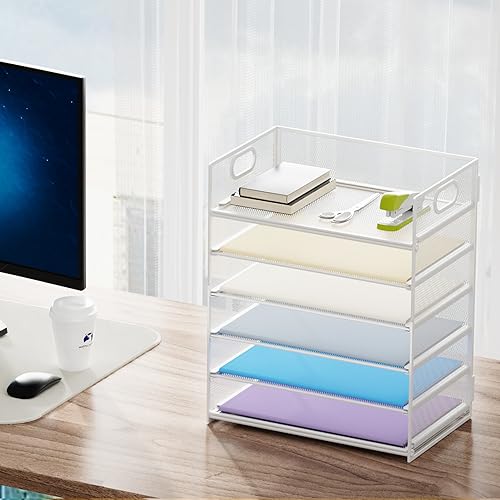 Marbrasse 6 Tier Paper Organizer Letter Tray - Mesh Desk File Organizer with Handle, Paper Sorter for Letter/A4 Office File Folder Holder - White - color: 6 Tier - White