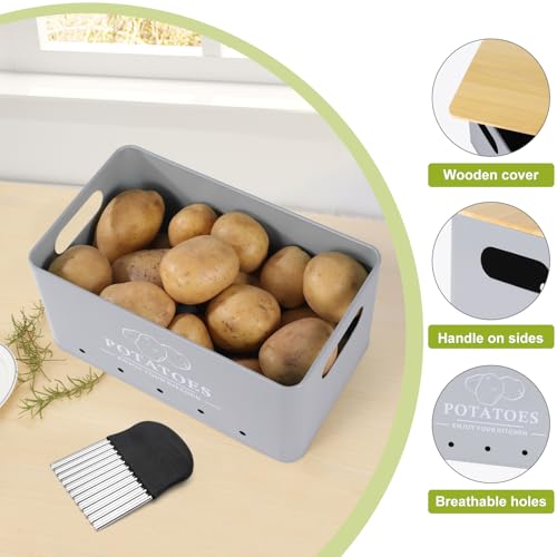 Kitchen Vegetable Storage Set of 3, Metal Onion Garlic Potato Storage Set, Kitchen Canisters Vegetable Keeper Containers with Aerating Holes and Wooden Lid (Grey) - color: Grey