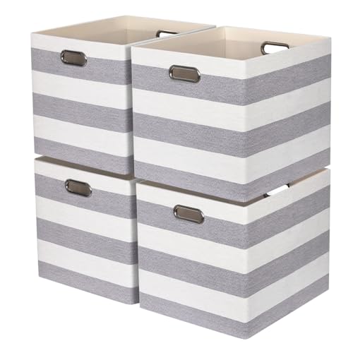 13x15x13 Storage Cube Bins, Foldable Storage Cubes, Fabric Organizer Basket Bin, Striped Containers Decorative Storage Boxes for Shelves Wardrobe Closet Home Office, 4 Pack, Gray/White - color: Gray/White