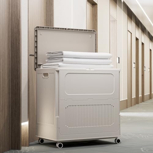 HAIXIN HOME Rolling Laundry Hamper with Lid, 130L Large Clothes Hampers for Laundry, Plastic Collapsible Laundry Baskets with Wheels and Lid, Install-Free & Easy to Transport to Laundry Room (2 Pack) - color: Milky, size: 130L - 2 Pack