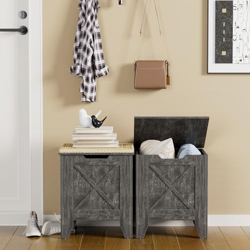 VECELO 17.7" Storage Bench, Entryway Shoe Ottoman, Farmhouse Style Bench with Handwoven Cushion and Metal Safety Hinges, for Bedroom, Living Room, Entryway, Gray - color: Grey, size: 17.7"W