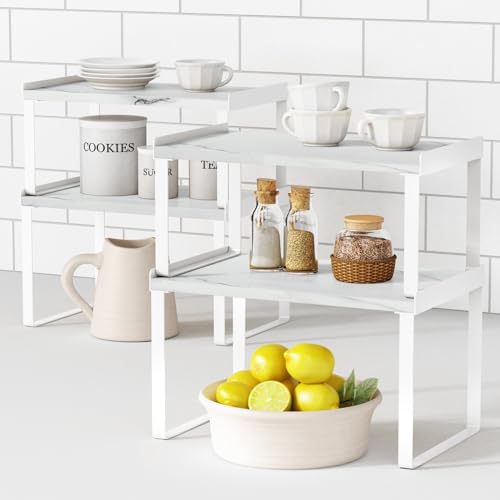 Goozii White Marble Kitchen Counter Shelf Organizer, Modern Dish Plate Organizer for Cabinet Space Saver, Small Wood Stackable 2 Tier Office Desktop Shelf Risers for Books Monitor - Set of 4 - color: White-Marble, size: Medium