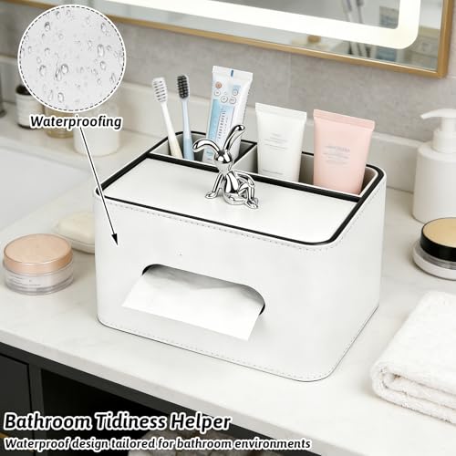 PU Leather Tissue Box Cover Square - Multifunctional Tissue Box Holder with Storage, Tissue and Remote Control Holder Organizer with Compartments for Bedroom Nightstand, Desk, Living Room (White) - color: White