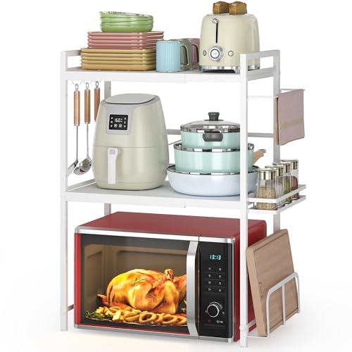 DOLALIKE Microwave Oven Rack, Expandable Microwave Stand Kitchen Countertop Organizer Utensils Storage, Carbon Steel Over Microwave Shelf with 3 Hooks (White, 3 Tier- With Storage) - color: White, size: 3 Tier (With Spice Rack)