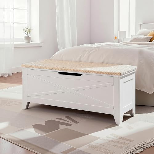 VECELO 43.3" Storage Bench, Entryway Shoe Ottoman, Farmhouse Style Bench with Handwoven Cushion and Metal Safety Hinges, for Bedroom, Living Room, Entryway, White - color: White, size: 43.3"W