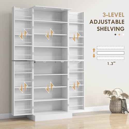 HOMCOM 65" Kitchen Pantry Storage Cabinet, Freestanding Kitchen Cabinet with 16 Door Shelves, Double Doors, 8-Tier Shelving and Adjustable Shelves, White - color: White, size: 65"H
