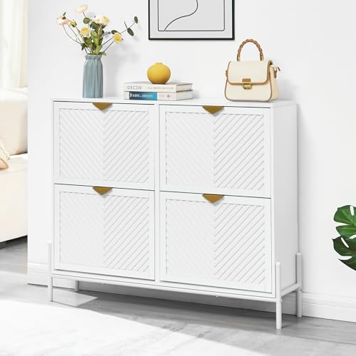 Shoe Cabinet Storage with 4 Flip Drawers, Narrow Hidden Shoes Organizer Cabinet for Entryway, Freestanding Slim Shoe Rack Front Door Entrance(White) - color: White, size: Large