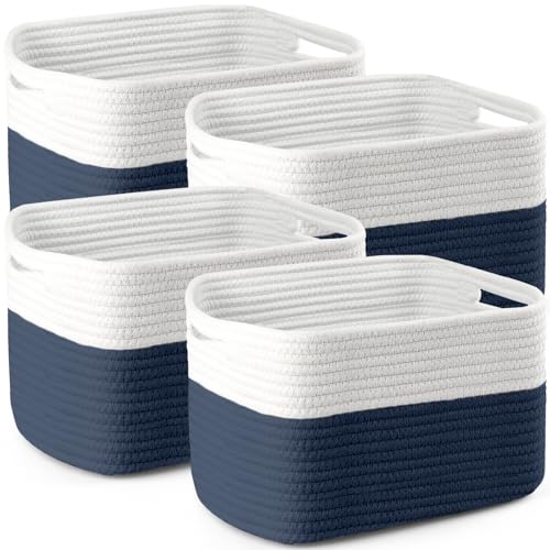 4 Pack Storage Baskets for Organizing, 12''Lx9''Wx8''H Woven Baskets for Storage Toys, Towels, Books, and Clothes, Cotton Rope Basket for Shelves with Handle - color: White & Navy blue