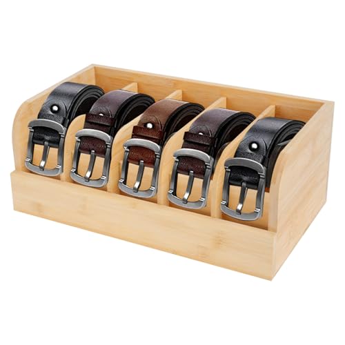GTI Belt Organizer, 5 Compartments Belt Organizer for Closet and Drawer, Bamboo Display Case for Tie and Belt, Belt Storage Organizer for Men Women (Wooden) - color: Wood, size: 5 Compartments