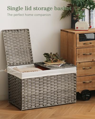 SETVSON Storage Basket with Lid Rattan Storage Basket with 2 Separate Lid, 27.8 Gallon (105 L) 25.2 * 15.4 * 16.1 Inches Woven Wicker Baskets with 2 Liners and Handles for Bedroom Laundry-Gray - color: Gray, size: 105L-25.2L*15.4W*16.1H