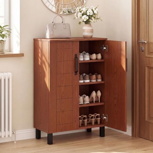 Giantex 5-Tier Shoe Storage Cabinet, Freestanding Wooden Entryway Cabinet w/Storage, 2 Doors, Removable Shelves, Shoes Rack Organizer w/Ventilation Hole for Hallway Closet Living Room (Brown) - color: Brown