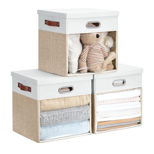 Ultra Thick Fabric Storage Cubes with Lids & Windows, 13-Inch Foldable Closet Storage Bins with 3 Handles, Home Decorative Boxes for Bedroom, Living Room, Dorm, Office (Beige & White) - color: Beige&White, size: 13"L x 13"W x 13"H