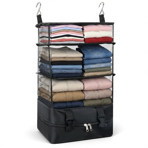 4 Shelve Portable Hanging Travel Shelves, Suitcase Organizer, Carry on Closet Luggage Organizers, Travel Bags Organizer for Luggage Compression Foldable and Hangable for Carry on Suitcase