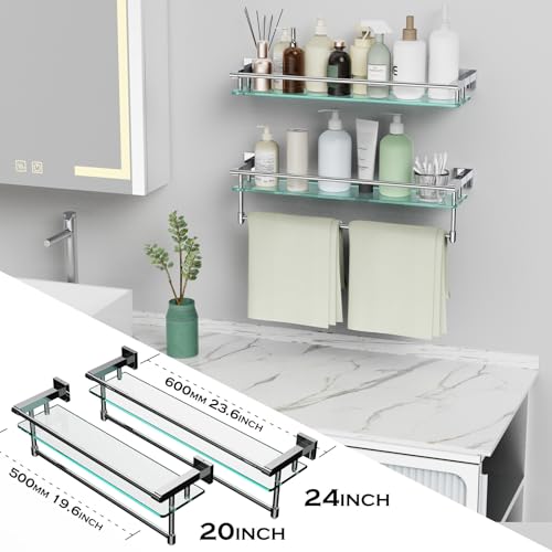 24 Inches Floating Glass Shelves for Wall with Towel Bar/Track, SUS 304 Stainless Steel Railing Tempered Glass Shelf, for Toilet, Room Decor Modern (Chrome Polished, 24-inch) - color: Chrome Polished, size: 24-inch with Railing