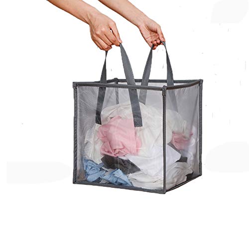 HONOMA Mesh Popup Laundry bags Hamper with Handles,Portable Durable Collapsible Storage Easy Folding Pop-Up Clothes Hampers Basket Foldable for Kids Room College Dorm or Travel (Grey,Single-Layer) - color: Grey, size: Single-Layer