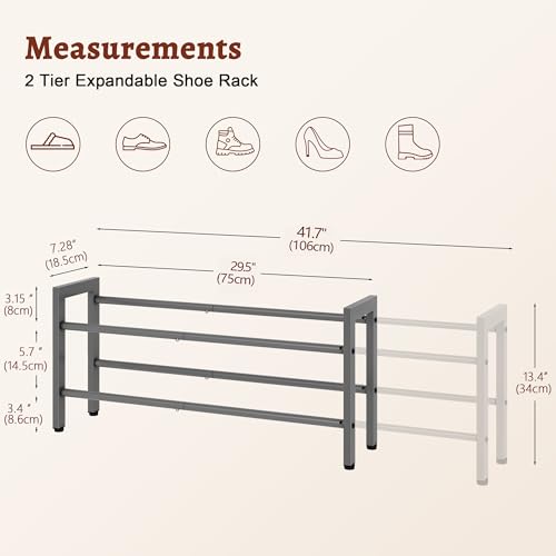 FAVOOSTY 2-Tier Expandable Shoe Rack, Adjustable Shoe Shelf Storage Organizer Space Saving Metal Free Standing Shoe Rack for Entryway Closet Doorway, Silver Grey - color: Silver Gray, size: 2 Tier